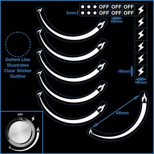 Könnte beinhalten: Ein Satz von fünf weißen Vinyl-Aufklebern in Flammenform. Die Aufkleber sind 10 mm breit und 48 mm lang. Die Aufkleber sind so konzipiert, dass sie auf eine Oberfläche wie ein Auto oder Motorrad geklebt werden können, um einen individuellen Look zu schaffen. Die Aufkleber sind auch in anderen Farben und Größen erhältlich.