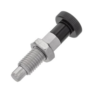 Puede incluir: Un pasador de resorte, roscado, de conexión por presión, de color plateado y negro, con una perilla de plástico negro moleteada. El pasador está diseñado para su uso en aplicaciones industriales.