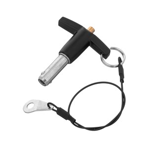 May include: A black and silver quick release pin with a T-shaped handle and a black cord with a metal loop.