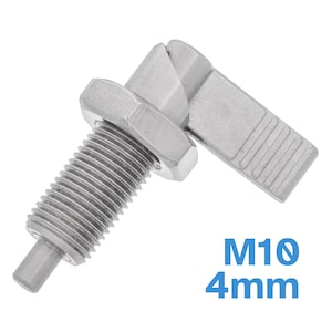 Puede incluir: Pestillo de metal plateado con un eje roscado y una manija de palanca. El pestillo tiene un diámetro de 10 mm y un pasador de 4 mm. M10 4mm.