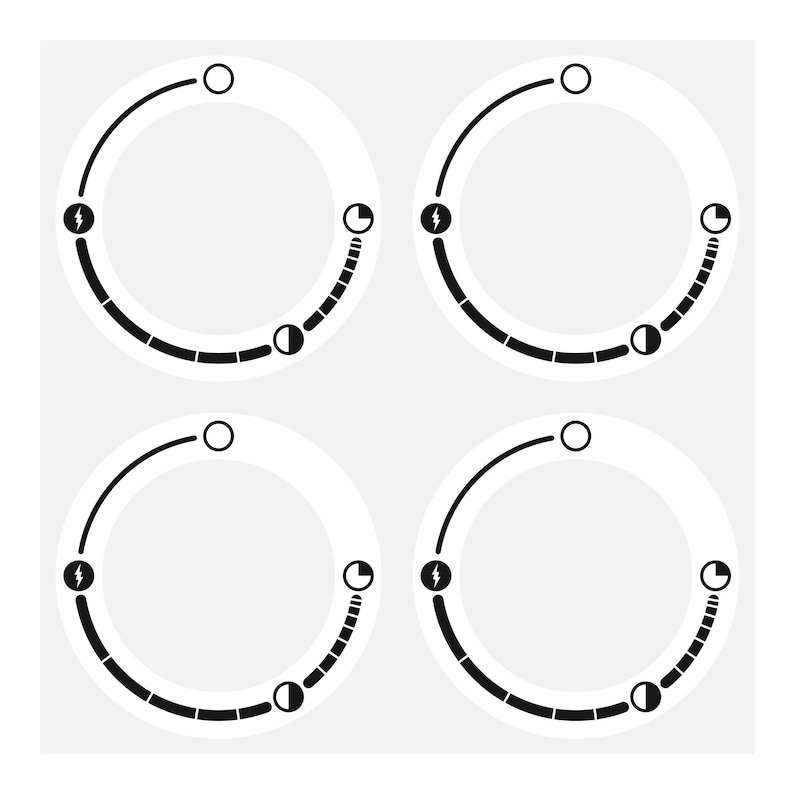 Puede incluir: Cuatro diales circulares en blanco y negro con un rayo, una luna creciente y un c&iacute;rculo con una l&iacute;nea que lo atraviesa. Cada dial tiene un fondo blanco y un contorno negro.