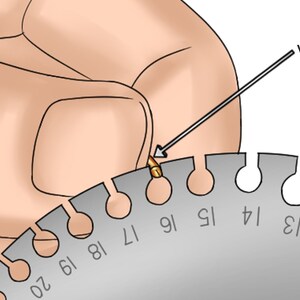 Puede incluir: Una herramienta de calibre de alambre de metal con agujeros numerados para medir el grosor del alambre. Un alambre se est&aacute; insertando en el agujero etiquetado como "16".