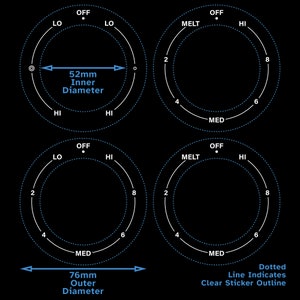 Ensemble de 4 cadrans imprimés blancs Lo-Med-Hi AC/CCW Étiquette de brûleur de table de cuisson au dos transparent pour bain à remous - Autocollants pour interrupteur à bouton pour cuisinière à gaz de remplacement