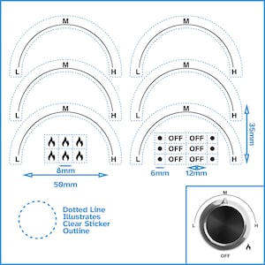 6 demi-étiquettes auto-adhésives dans le sens des aiguilles d'une montre - Dos transparent imprimé noir - Autocollant de bouton de cadran pour table de cuisson et cuisinière à gaz pour Kitchenaid