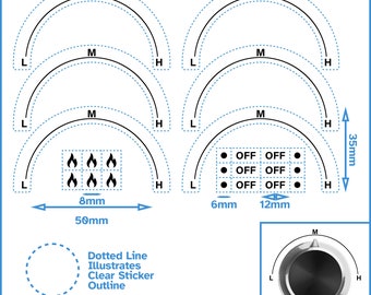 6 im Uhrzeigersinn L-M-H Linie obere Hälfte selbstklebende Etiketten - Schwarzer Druck Klare Rückseite - Wahlknopf Ofen Aufkleber Kochfeld Gasherd Herd für Kitchenaid