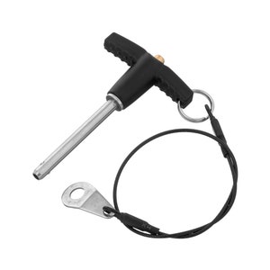 May include: A black T-handle pin with a silver metal pin and a black cord with a metal loop. The pin is attached to the cord with a metal ring.