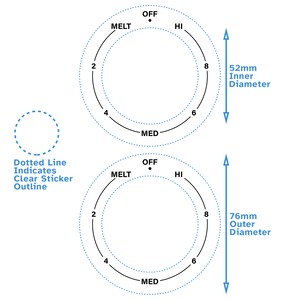 May include: A diagram showing two circular knobs with markings for "Melt", "Med", "Hi", and "Off". The inner knob has a diameter of 52mm and the outer knob has a diameter of 76mm. A dotted line indicates the outline of a clear sticker.