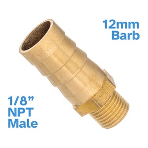 Könnte beinhalten: Messing-Schlauchanschluss 1/8" NPT-Männchen zu 12 mm Barb. Der Anschluss ist aus Messing und hat an einem Ende ein 1/8" NPT-Männchengewinde und am anderen Ende einen 12 mm Barb.