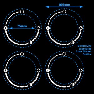 May include: Four circular sticker designs on a black background, each featuring a white ring with icons for lightning, clock, and half-moon. Blue dotted lines indicate a 105mm outer diameter and 75mm inner diameter. Text reads: Dotted Line Illustrated Clear Sticker Outline.