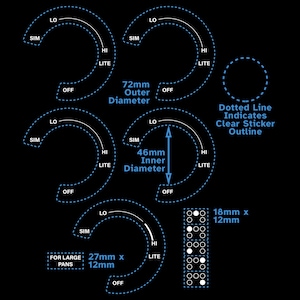 Könnte beinhalten: Diagramm, das verschiedene Größen von runden Kochfeld-Knöpfen zeigt. Die Knöpfe sind mit "SIM", "LO", "HI" und "LITE" beschriftet. Der größte Knopf hat einen Durchmesser von 72 mm, der mittlere Knopf einen Durchmesser von 46 mm und der kleinste Knopf ist 27 mm x 12 mm groß. Eine gestrichelte Linie zeigt den Umriss des transparenten Aufklebers.