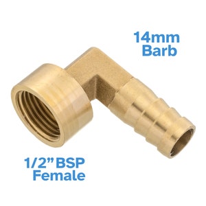 Può includere: Raccordo a gomito in ottone da 1/2 pollice BSP femmina a 14 mm barb. Il raccordo è in ottone e ha una filettatura femmina BSP da 1/2 pollice su un'estremità e un barb da 14 mm sull'altra estremità.