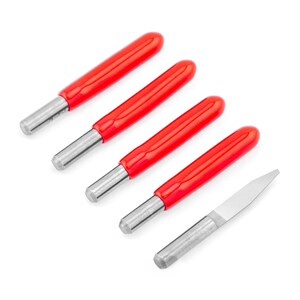 May include: Five carving tools with red handles and silver blades, and one silver-coloured carving tool with a pointed tip.