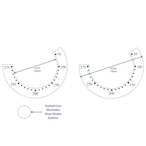Peut inclure: Diagramme montrant deux échelles circulaires avec des lignes pointillées et des nombres de 50 à 275. Les échelles sont étiquetées "Intérieur : 50 mm" et "Extérieur : 73 mm". Un cercle avec une ligne pointillée est affiché sous les échelles avec le texte "Ligne pointillée illustre le contour de l'autocollant transparent".