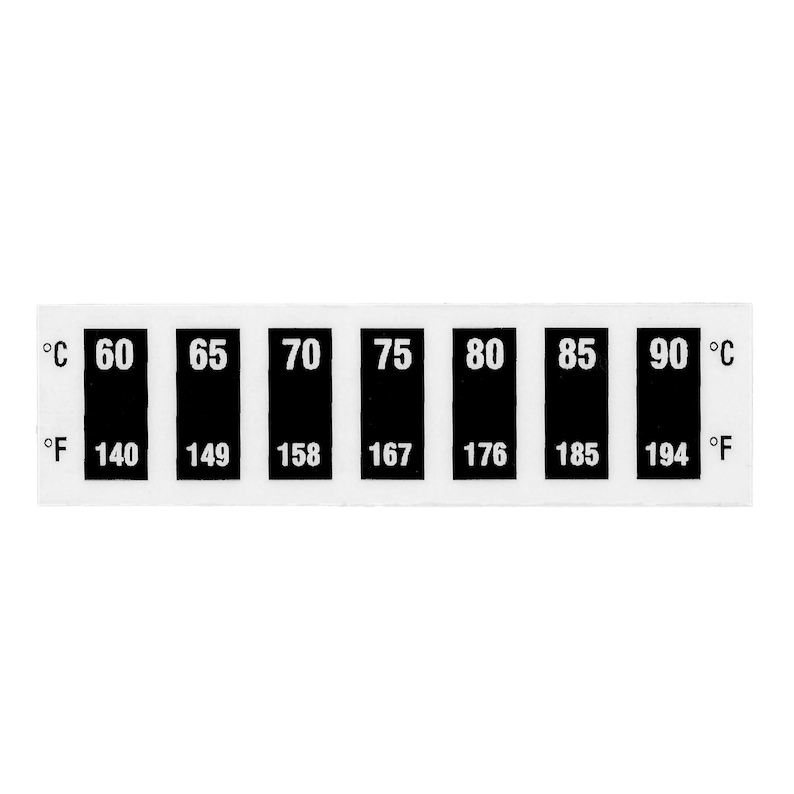 May include: A white adhesive temperature strip with black markings. The strip shows Celsius and Fahrenheit temperature conversions from 60&deg;C to 90&deg;C (140&deg;F to 194&deg;F).