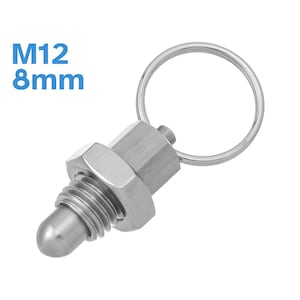 Puede incluir: Un pestillo de metal plateado con un anillo y una tuerca roscada. El pestillo tiene un diámetro de 12 mm y una longitud de 8 mm. M12 8mm.