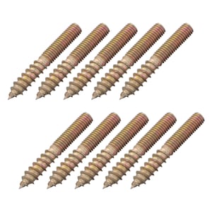 May include: A set of 12 gold-toned screws with a threaded design. The screws are arranged in two rows of six, with the heads facing the same direction.