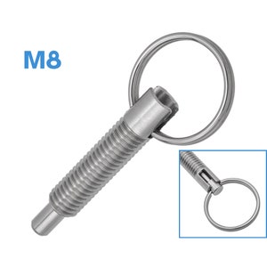 Puede incluir: Un botón pulsador de resorte plateado con un anillo adjunto. El botón tiene un eje roscado y un émbolo de resorte. El anillo está unido al eje y se puede utilizar para tirar del émbolo hacia afuera. El botón está etiquetado como "M8".