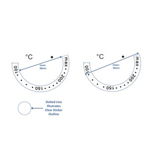May include: Two illustrations of a temperature gauge with a dotted line outline. The gauge on the left has a maximum temperature of 200 degrees Celsius and an inner diameter of 38 millimetres. The gauge on the right has a maximum temperature of 200 degrees Celsius and an outer diameter of 50 millimetres. The text "Dotted Line Illustrates Clear Sticker Outline" is below the gauges.