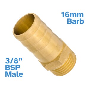 May include: A brass 3/8" BSP male to 16mm barb hose connector. The connector is made of brass and has a 3/8" BSP male thread on one end and a 16mm barb on the other end.