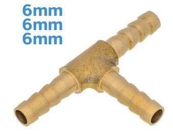 6mm - 6mm - 6mm Brass Tee Pipe Fitting Three Way Splitter Barbed Tubing Connector Reducing Hose Barb Tail Tapered Thread T Coupler Adapter
