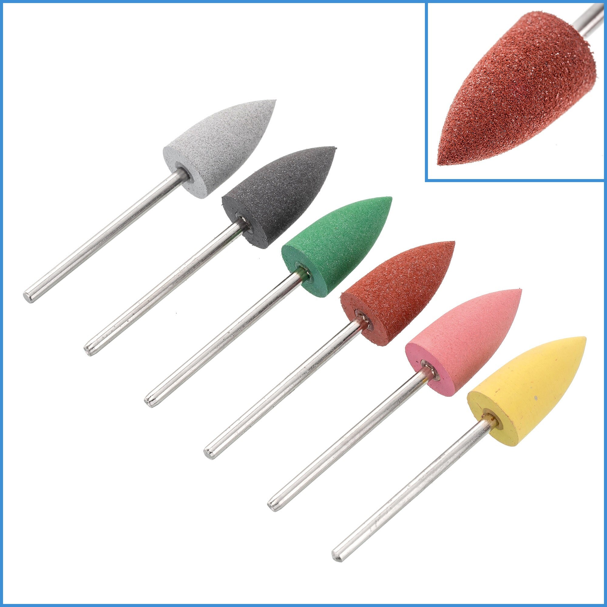 6pcs 150-600 Grit 1cm Pointed Diamond Silicone Rubber Burr Rotary Drill Bit Head Polishing Nail Manicure Pedicure File Mount Tip Tipped Tool