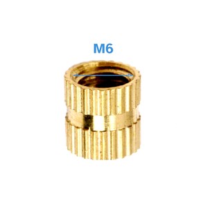 May include: A gold-colored metal threaded insert with a knurled outer surface. The insert is labeled "M6".