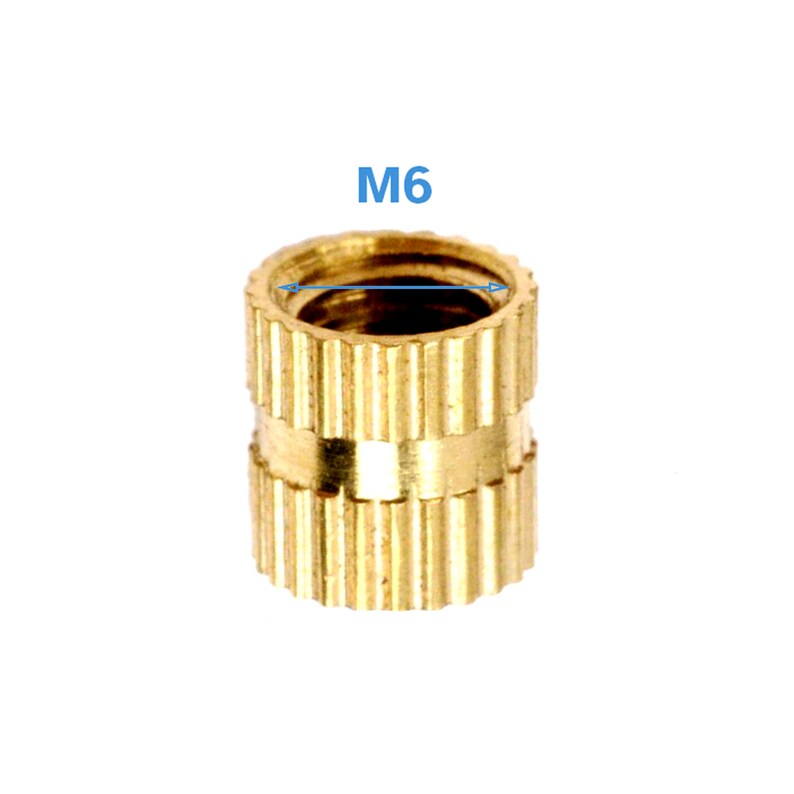 May include: A gold-colored metal threaded insert with a knurled outer surface. The insert is labeled "M6".
