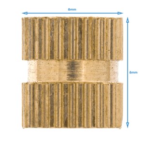 May include: Brass threaded insert with a knurled outer surface. The insert is 8 mm in diameter and 8 mm in height.