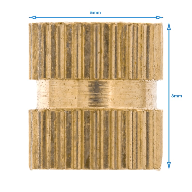 May include: Brass threaded insert with a knurled outer surface. The insert is 8 mm in diameter and 8 mm in height.