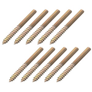 May include: A set of 12 gold-toned metal screws with a pointed tip and a threaded shaft. The screws are arranged in two rows of six.