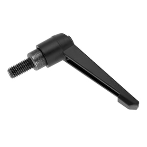 Puede incluir: Manija de palanca de plástico negro con un eje de metal roscado. La manija está diseñada para apretar y aflojar objetos.