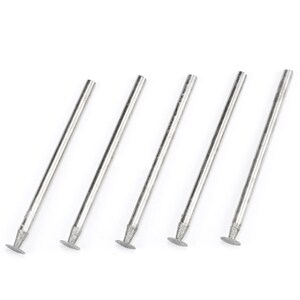 May include: Five silver-colored rotary tool bits with a disc-shaped head. The bits are arranged diagonally against a white background. The bits are designed for use with rotary tools.