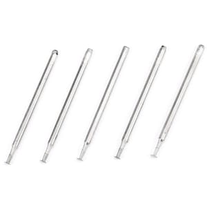 May include: Five silver metal drill bits with different shaped tips. The drill bits are all the same length and have a silver metal shaft.