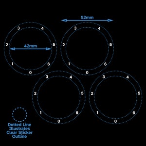 May include: Diagram of four circles with dotted lines, each circle is labelled with numbers 0-6. The circles are 42mm in diameter and 52mm apart. The text "Dotted Line Illustrates Clear Sticker Outline" is below the circles.