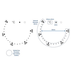 Könnte beinhalten: Eine Schwarzweißillustration eines kreisförmigen Temperaturmessgeräts mit einer gepunkteten Linie, die die Grade anzeigt. Das Messgerät hat einen Durchmesser von 66 mm und einen 50 mm breiten Bogen. Das Messgerät ist mit Zahlen von 50 bis 250 in Schritten von 50 beschriftet. Das Messgerät hat auch ein kleines Rechteck mit dem Text "°C" darin.