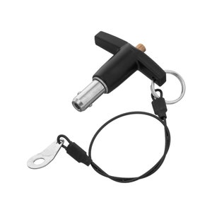 May include: A black T-handle pin with a silver metal pin and a black cord with a metal loop.