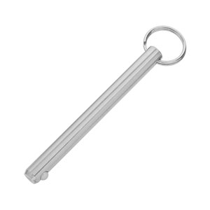 May include: A silver-colored, cylindrical quick release pin with a ring at one end. The pin has a small ball bearing on the side near the other end. The pin is designed for quick and easy fastening and unfastening.