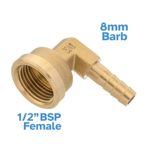 May include: Brass 1/2 inch BSP female to 8mm barb elbow fitting. The fitting is made of brass and has a 1/2 inch BSP female thread on one end and an 8mm barb on the other end.