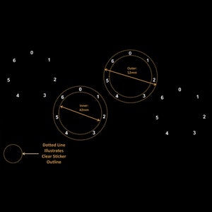 May include: Diagram showing two concentric circles with dotted lines and numbers 0 through 6 around the outer circle. The inner circle is labelled "Inner: 42mm" and the outer circle is labelled "Outer: 52mm". A dotted line illustrates a clear sticker outline.
