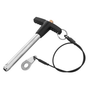 May include: A black and silver T-handle pin with a black cord and a silver ring. The pin is attached to the cord with a black ring.