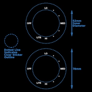Peut inclure: Deux cercles concentriques bleus avec des lignes pointillées autour d'eux. Le cercle intérieur porte les mots "OFF", "LO", "MED", "HI" et "LITE" imprimés dessus. Le cercle extérieur porte les mots "OFF", "LO", "MED", "HI" et "LITE" imprimés dessus. Le cercle intérieur a un diamètre de 52 mm et le cercle extérieur a un diamètre de 78 mm.