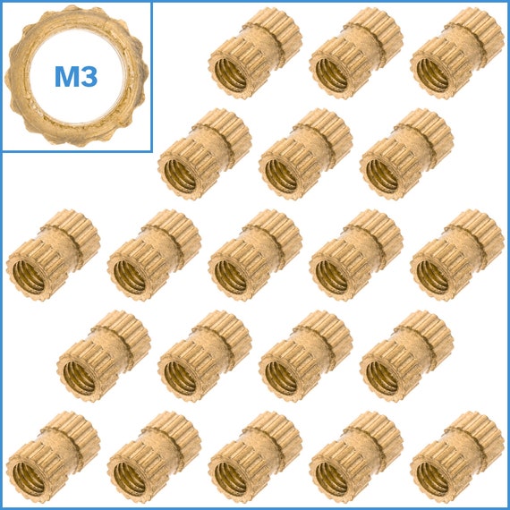 20pcs M3 Thread 6mm x 4mm Knurled Nuts Solid Brass Hand Tighten Double Pass Nut Fasten Fastener Embedded Round Insert Assembly Part Tool