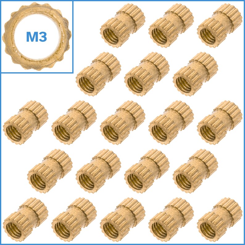 May include: Twenty brass threaded inserts, each with a hexagonal shape and a threaded hole marked "M3".