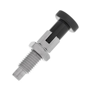 Puede incluir: Un cierre de presión de resorte plateado y negro con un eje roscado y una perilla de plástico negro.