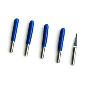 May include: Five blue and silver carving tools with a pointed tip. The tools are arranged in a row on a white background.