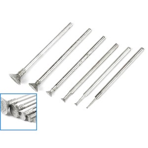 6pcs 1mm - 8mm Taper Wheel Dovetail Head Diamond Burr 2.3mm Shank Grinding Carving Gem Stone File Tip Tipped Mount Rotary Drill Bit Tool Set