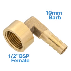 May include: A brass 90-degree elbow fitting with a 1/2" BSP female thread and a 10mm barb. The fitting is designed for connecting pipes and hoses. The text "1/2" BSP Female" and "10mm Barb" are visible.