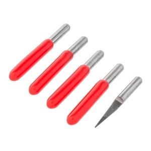 May include: Five red and silver rotary tools with a pointed tip. The tools have red handles and silver shafts.