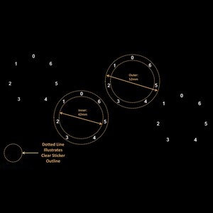 May include: Black background with white dotted circles and numbers. Two circles have measurements: Inner 42mm, Outer 52mm. Text: Dotted Line Illustrates Clear Sticker Outline.