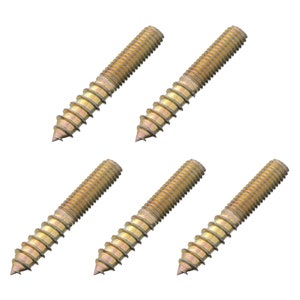 May include: Six gold-coloured metal screws with a pointed tip and a threaded shaft. The screws are arranged in two rows of three.
